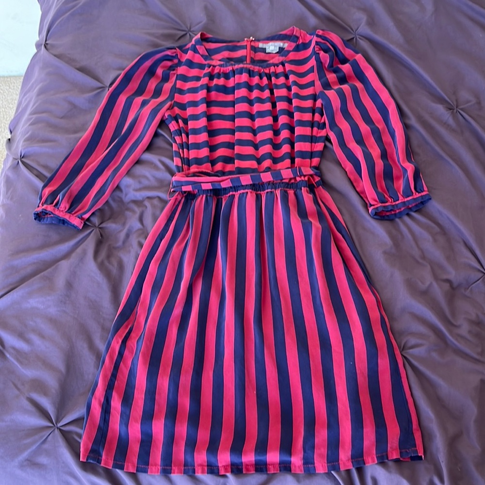 Navy blue and red stripes dress with pockets